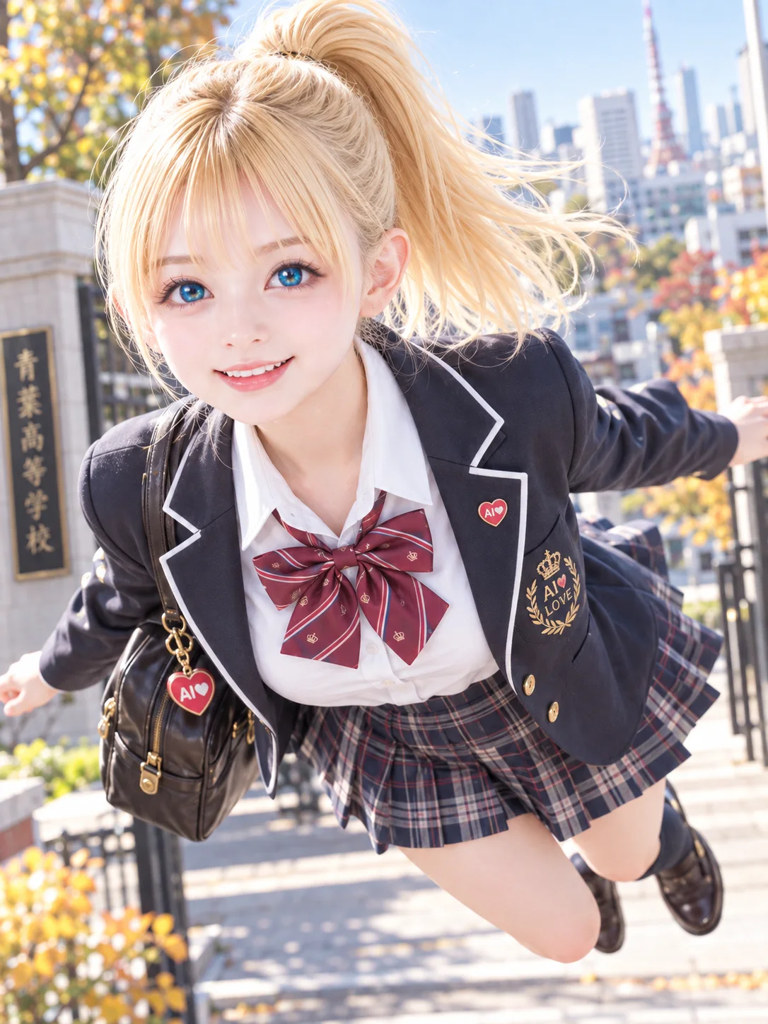 空を飛びながらこちらを見る、制服姿の星空アイの公式写真